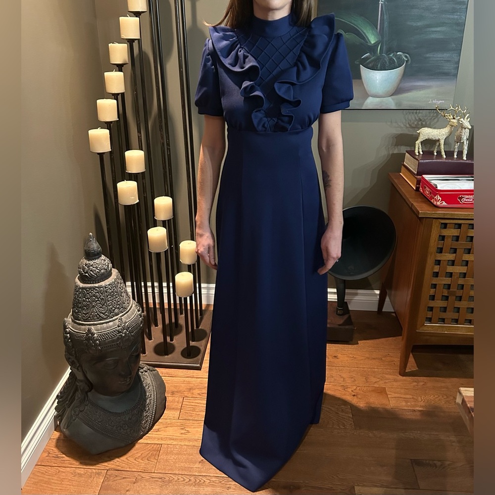 🦩Vintage Zazie Navy Short Sleeved Long Dress with ruffle detail